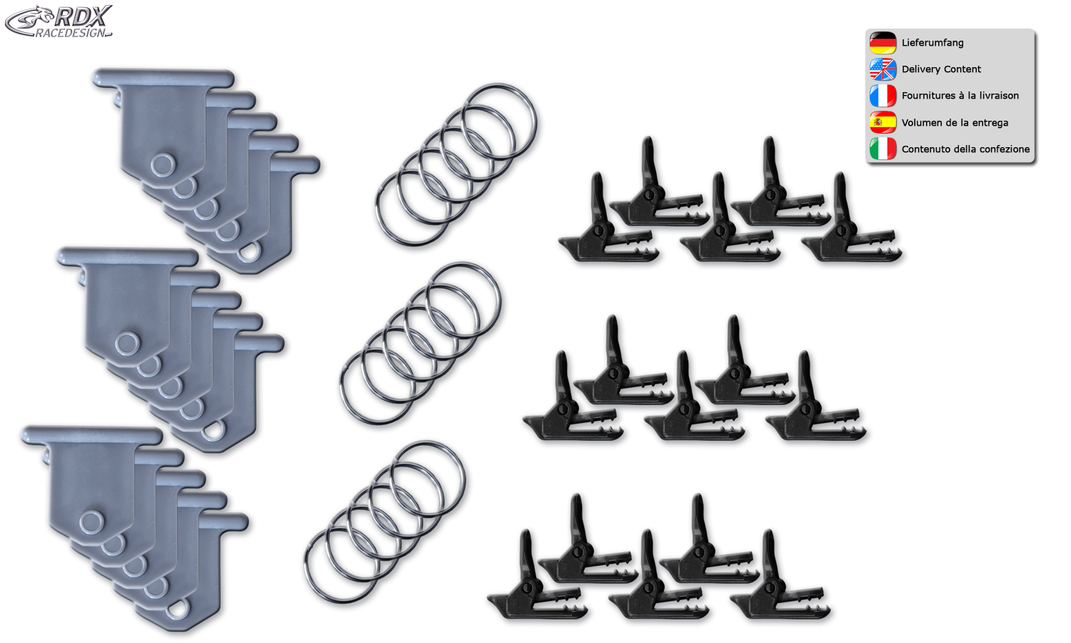 RDX clip fastening set for Keder rails in camping awnings, e.g. for curtains (15x/45pcs.)